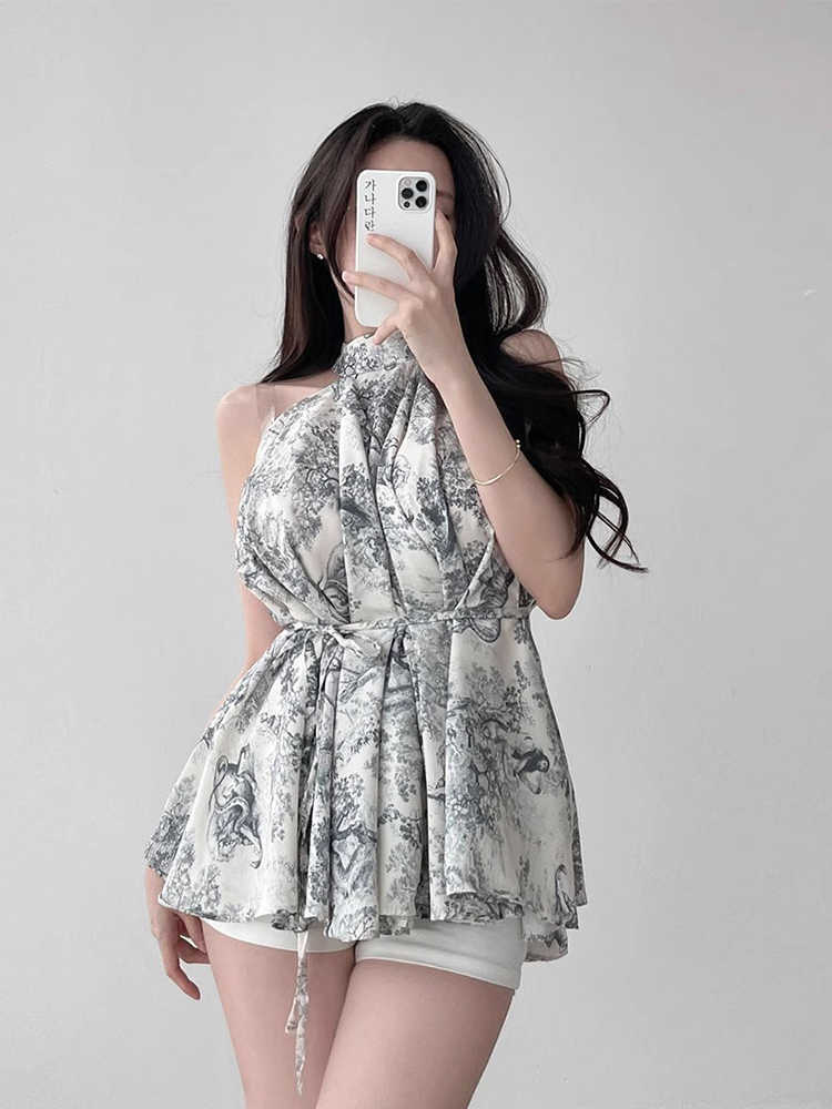 Vintage Stand Collar Ink Printing Lace-up Waist Halter Chiffon Shirt