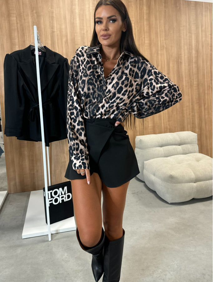 Vintage Leopard Print Lapel Single Breasted Loose Casual Long Sleeves Shirt