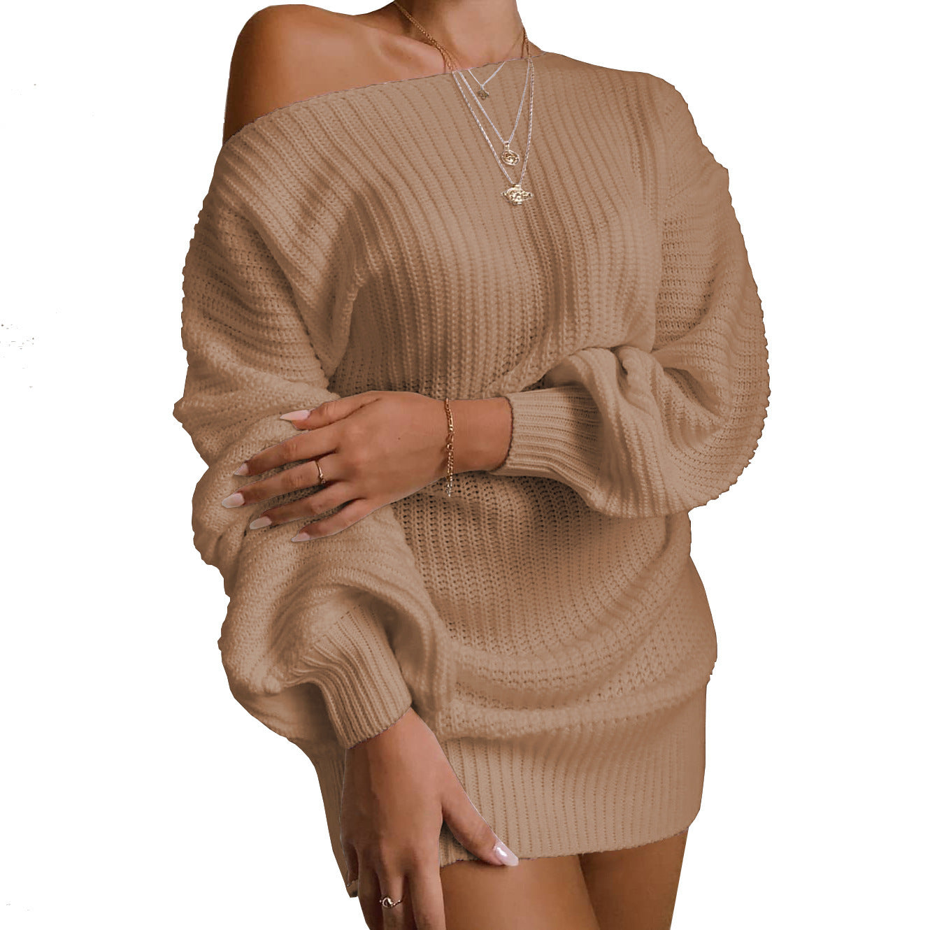 Off-the-shoulder Lantern Sleeve Knit Sweater Dress