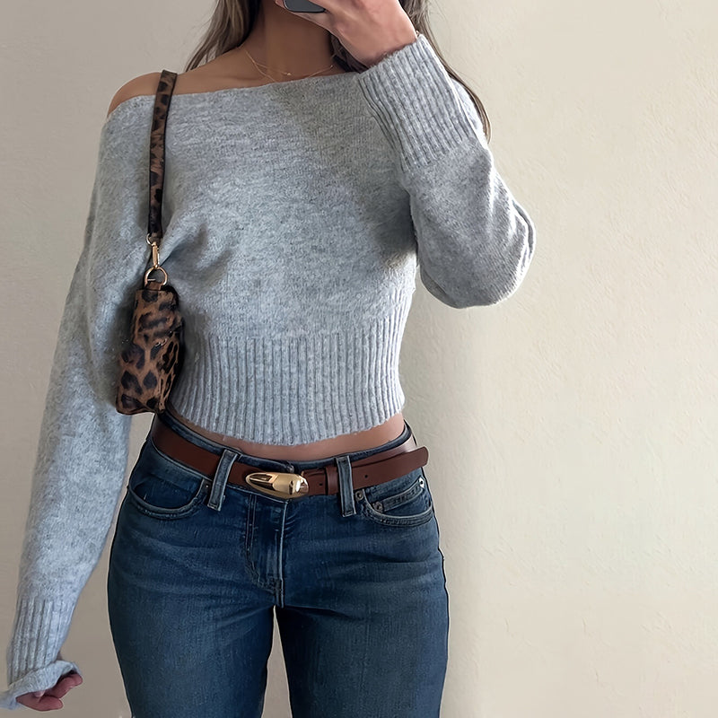 Women's Off The Shoulder Cropped Sweater - Boat Neck Long Sleeve Pullover, Casual Trendy Top