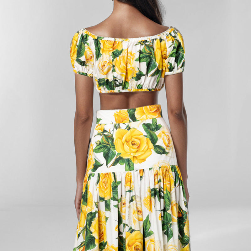 European And American Womens Elegant Sexy Printed Pleated Skirt Fashion Set