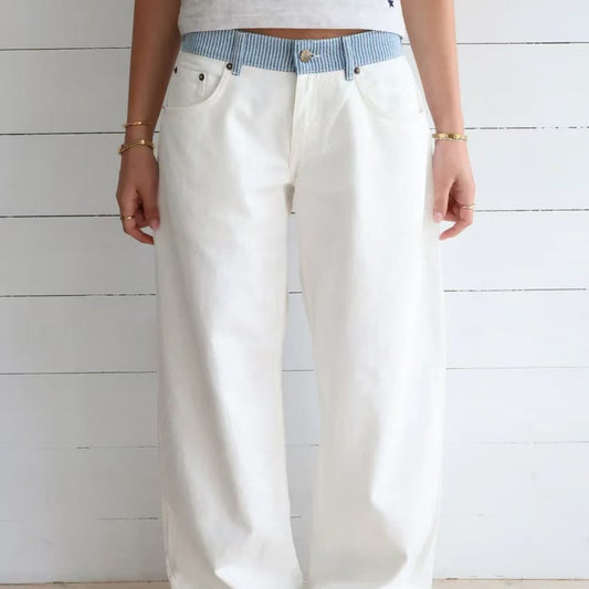 Contrast Color Letter Ribbon Decorative Straight Stitching Jeans