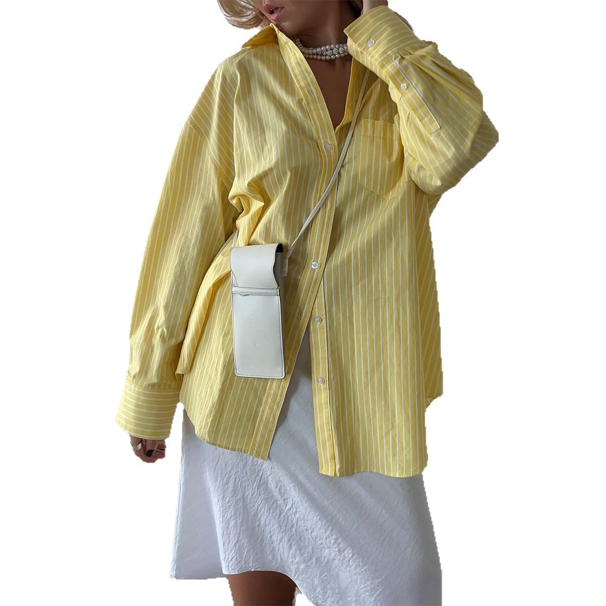 Casual Loose And Simple Style Button Cardigan Striped Contrast Color Top Shirt For Women