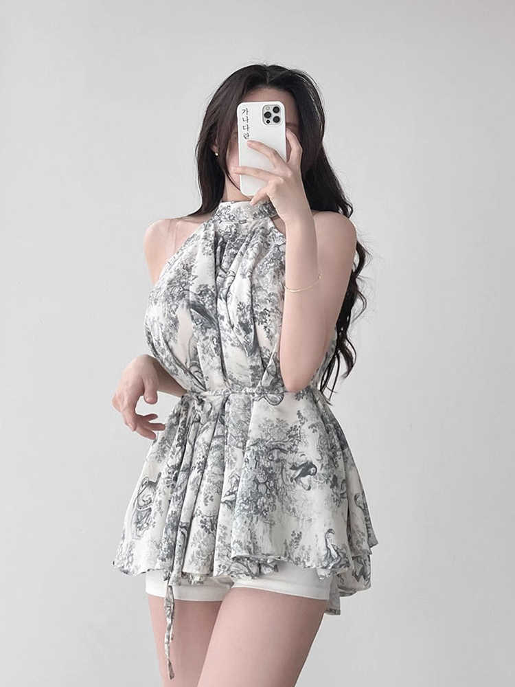 Vintage Stand Collar Ink Printing Lace-up Waist Halter Chiffon Shirt