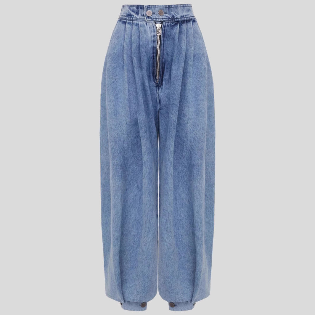 High Waist Zipper Ankle-tied Jeans Loose