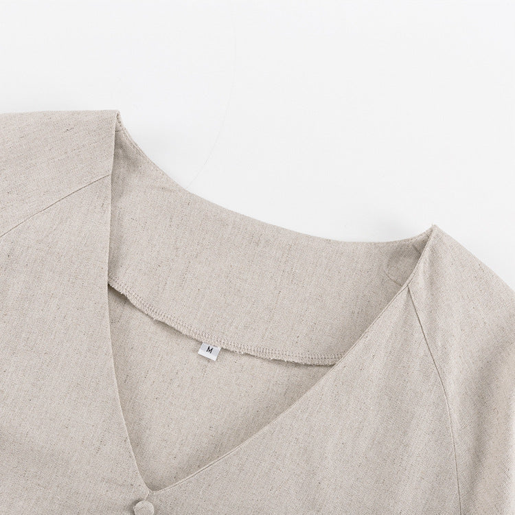Cotton And Linen French Dress Temperament Commute V-neck Lantern Sleeve Loose Dress