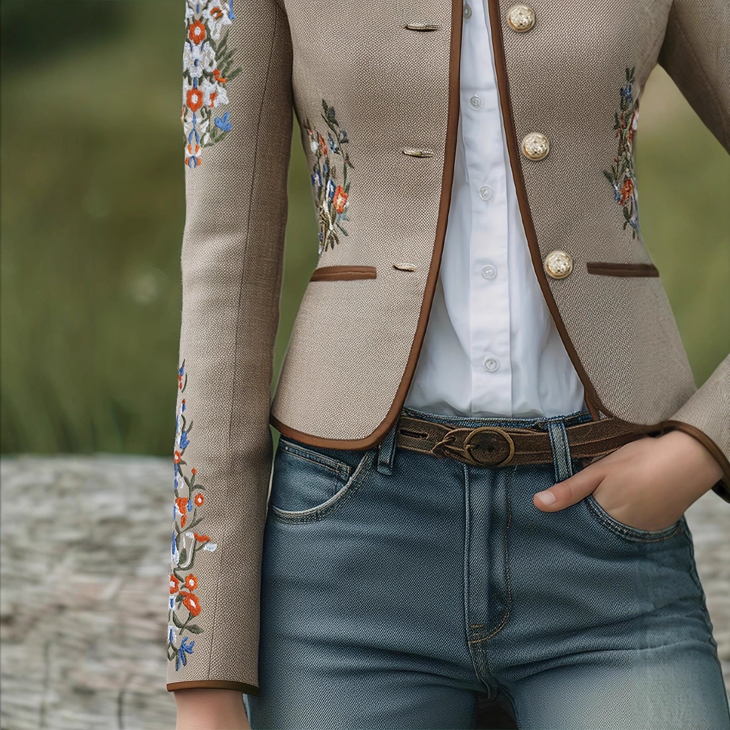 Womens Retro Floral Embroidery Stand Up Collar Jacket