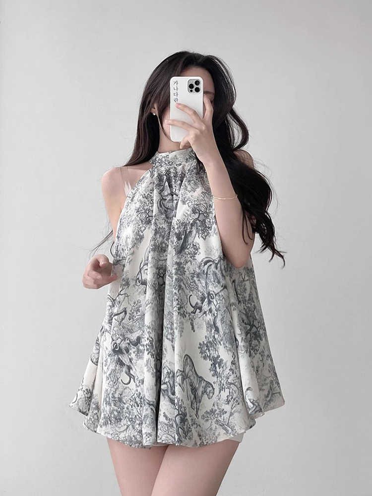 Vintage Stand Collar Ink Printing Lace-up Waist Halter Chiffon Shirt