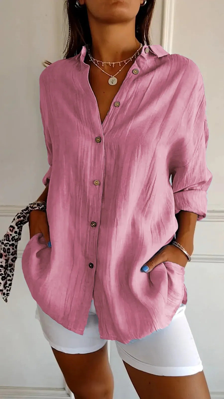 Lapel Long Sleeve Shirt Women's Single-breasted Pleated Shirt Tops Clothing