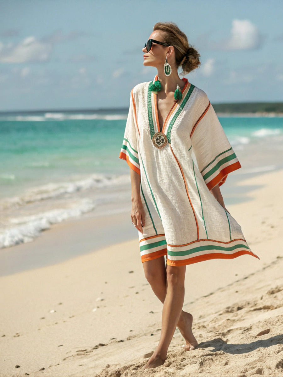 Womens V-neck Dress For Beach Vacations 3D-printed Relaxed Fit