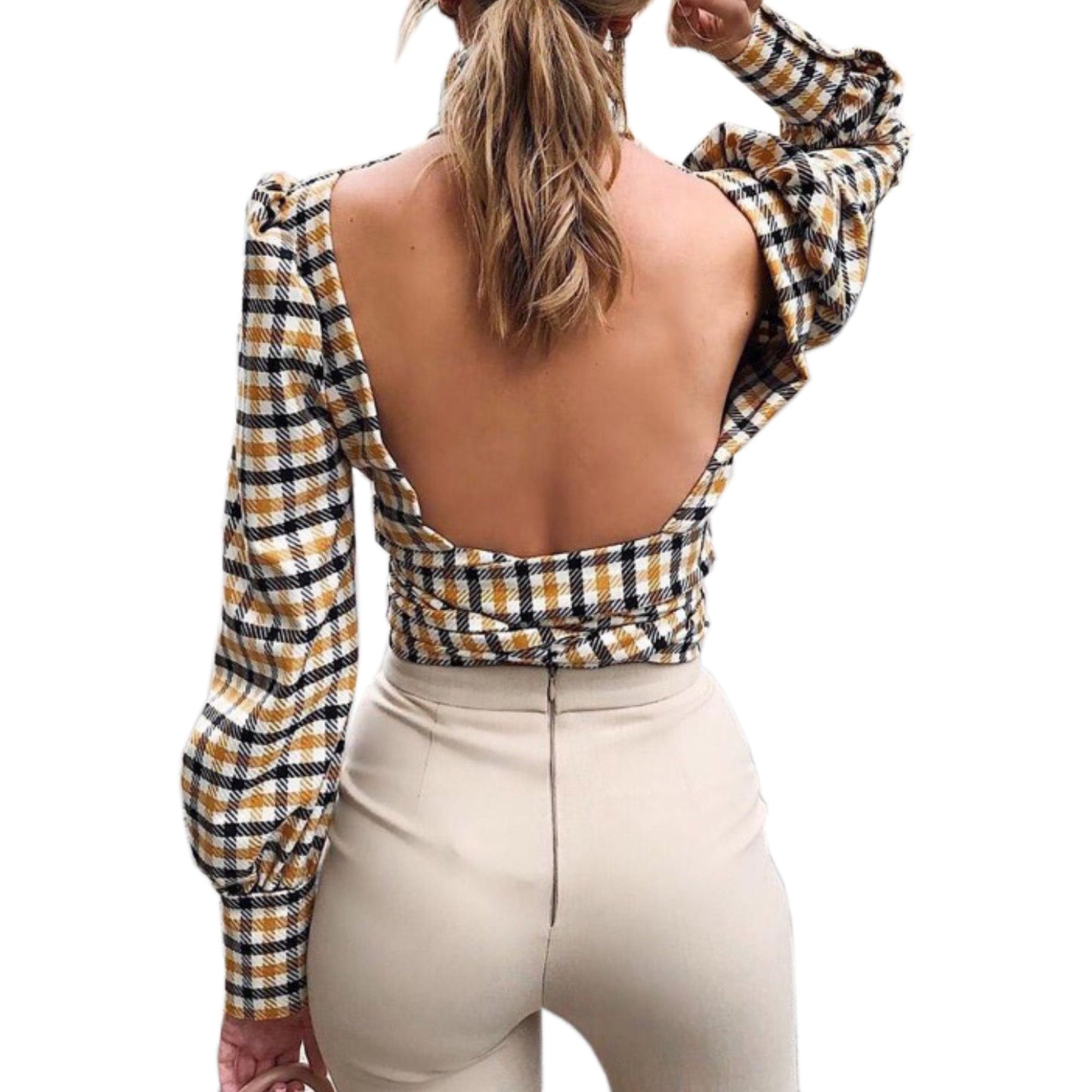 Women's Casual Backless Korean Version Versatile Checkered Top