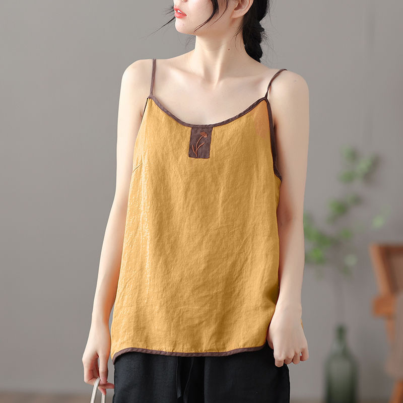 Summer Thin Cotton Linen Top Ladies Embroidered Vest