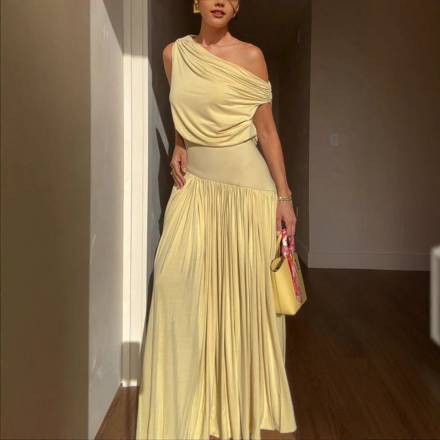 Asymmetrical Neck Off The Shoulder Waist Cinched Long Solid Color Dress
