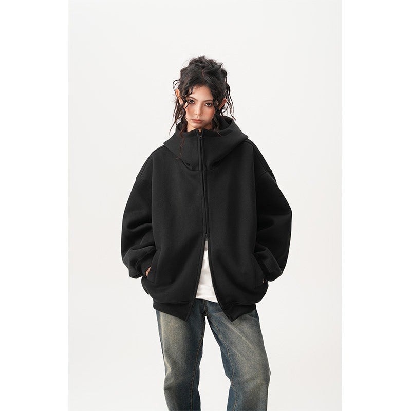 Womens Relaxed-fit American-style Hooded Cardigan With A Stand-up Collar