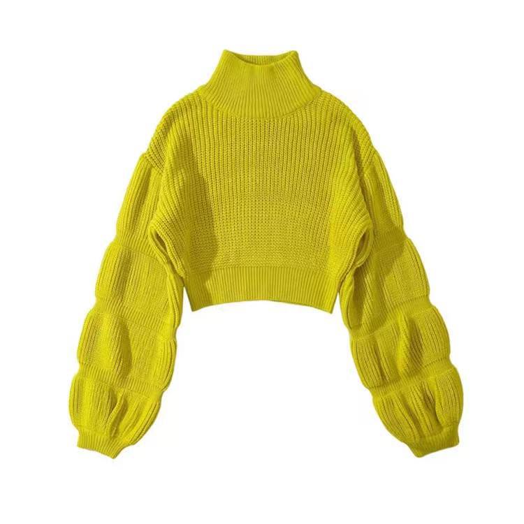 Women's Fashion Loose High Collar Puff Sleeve Knitted Sweater