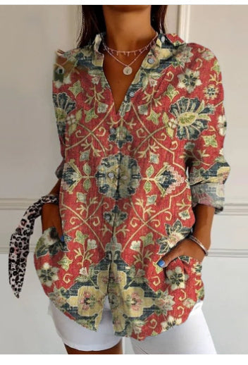 Women's Color Matching Casual Loose Button Digital Printing Shirt