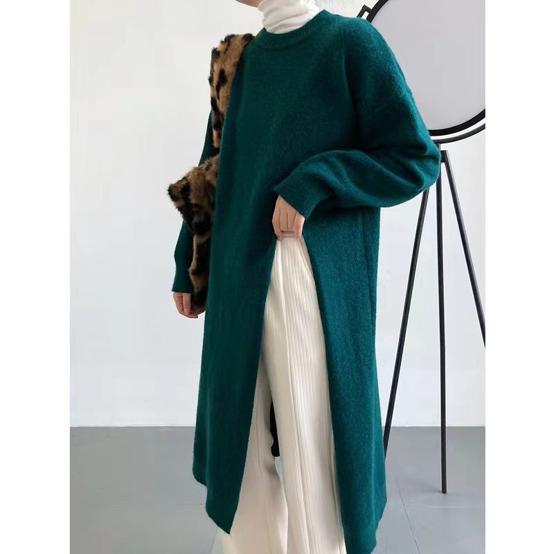 Spring, Autumn And Winter Loose Side Slit Long Knitted Sweater Dress