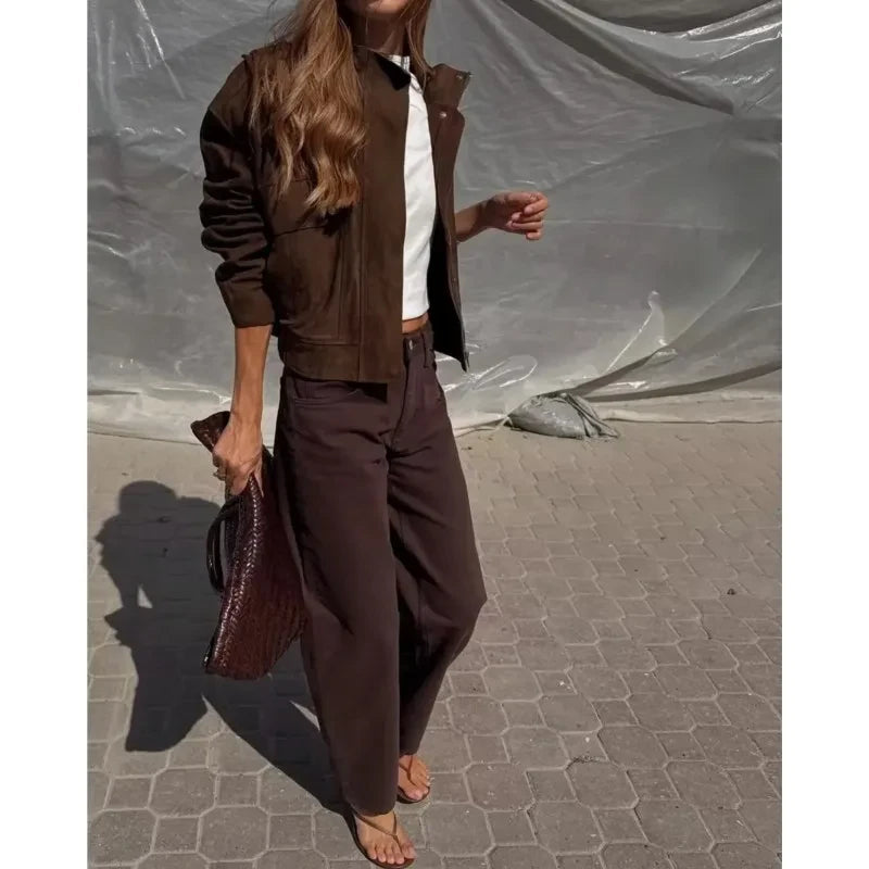 Suede Leather Jacket with Pockets