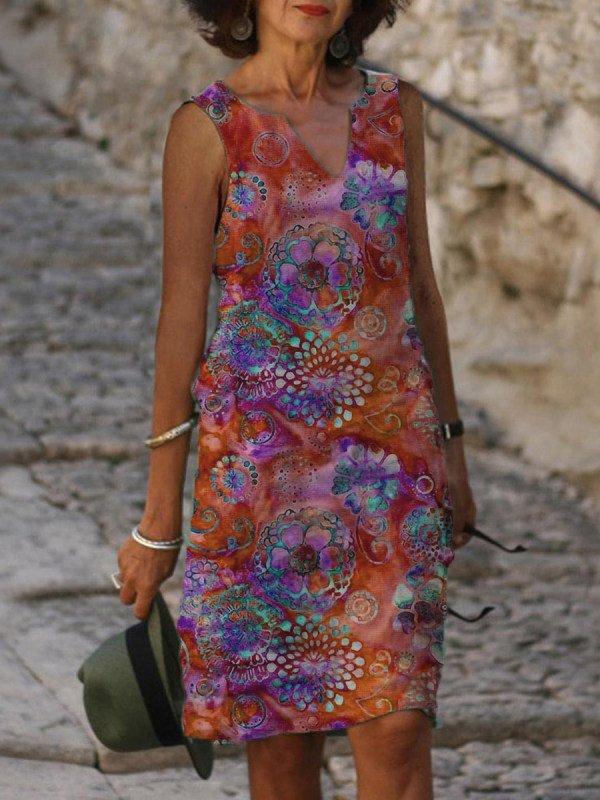 Printed V-neck Sleeveless Mid-length Dress Women
