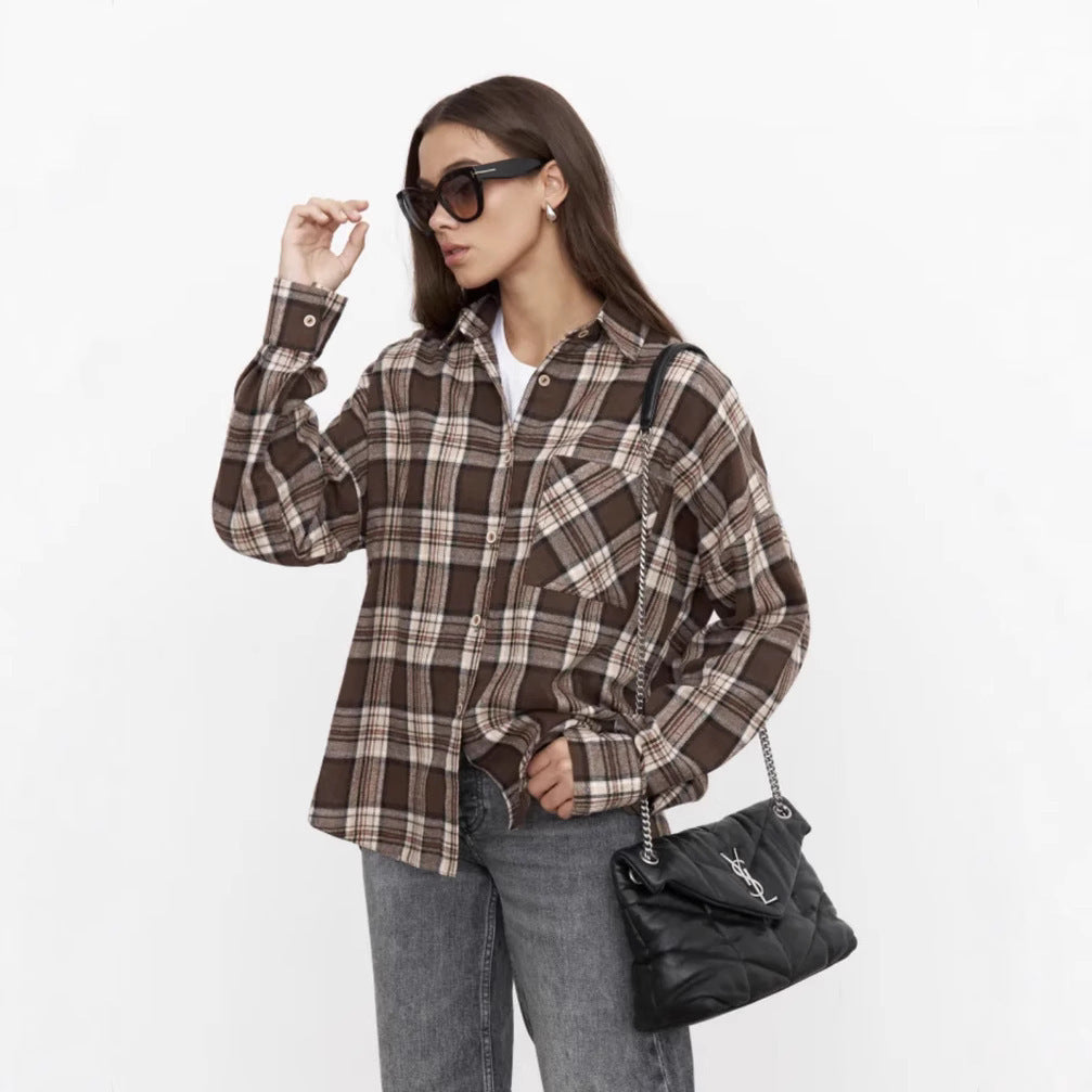 Retro Style All-match Plaid Lapel Long Sleeve Shirt