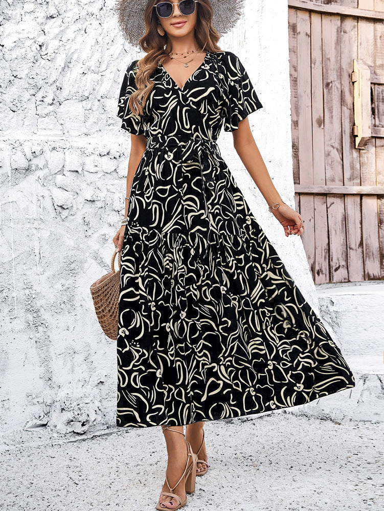 European And American Spring And Summer Leisure Vacation Short Sleeve Printing Dress