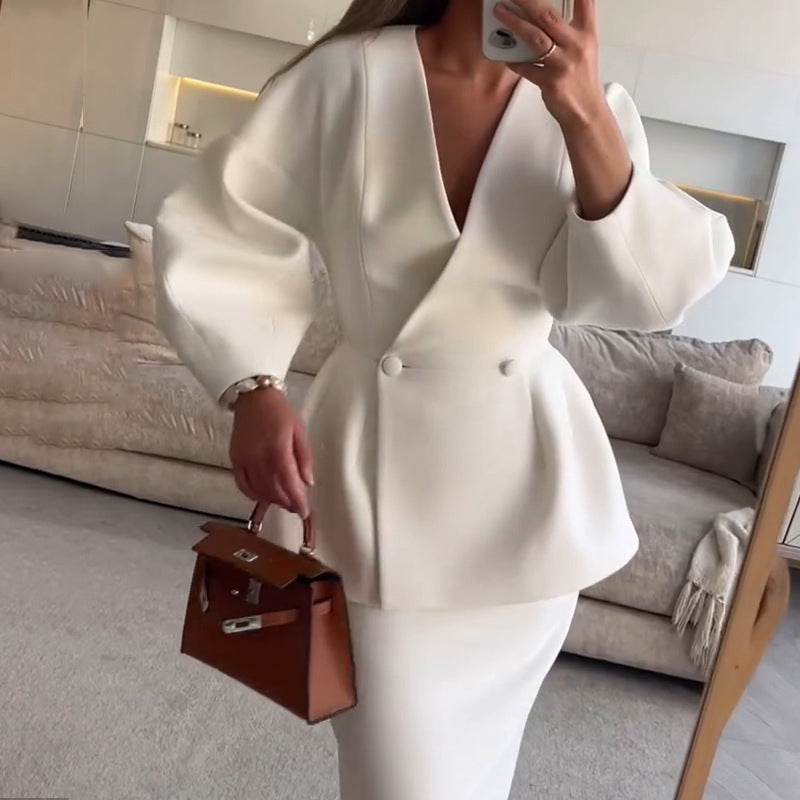 Women's Solid Color 2-Piece Set, Button Bubble Sleeve Jacket & Maxi Skirt, Office To Party Outfit