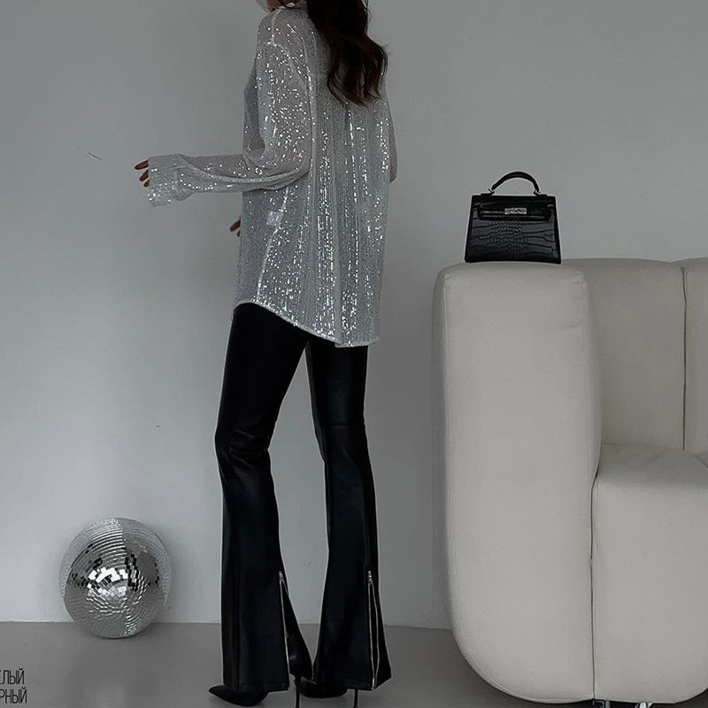 Elegant Women's Sequin Shirt - Stylish Long Sleeve Button-Up Blouse With Glitter Details, Perfect For Party & Casual To Formal Wear