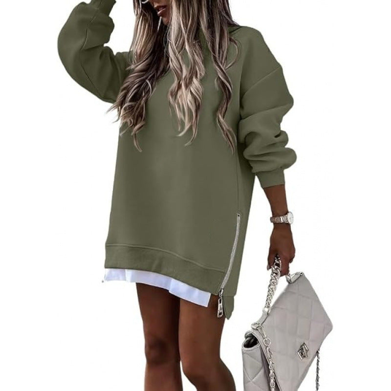 Fall Winter Fashion Stitching Side Zipper Design Pullover Sweater For Women