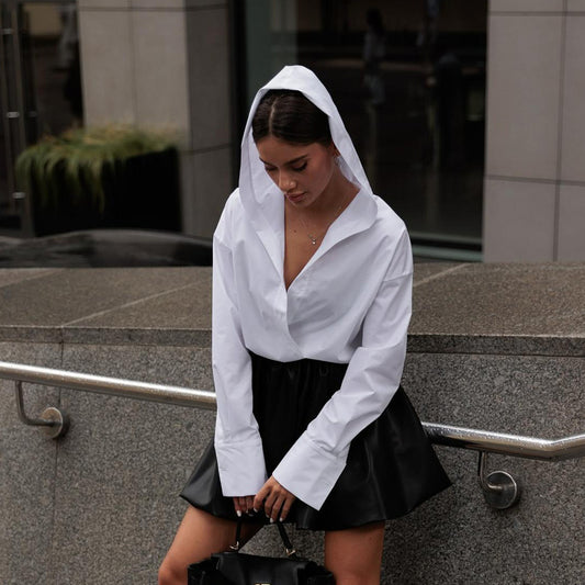 Cotton White Long Sleeve Hooded Shirt