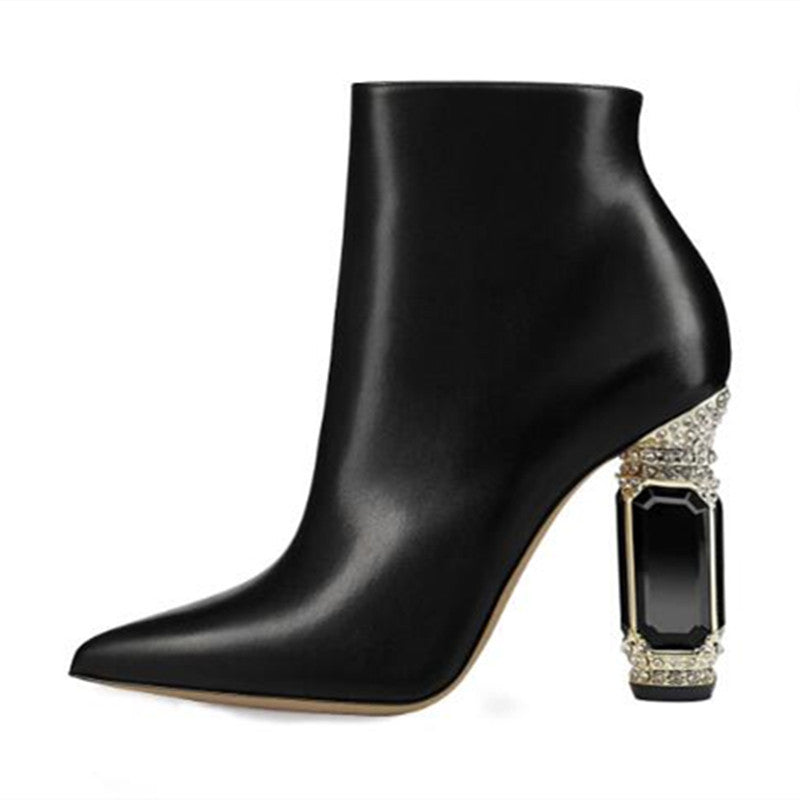 Luxury Rhinestone Gemstone Heel Women Side Zip Short Boots