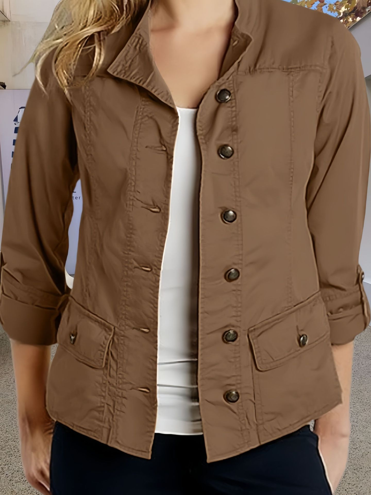 Fashion Solid Color Roll-up Sleeve Single-breasted Casual Jacket