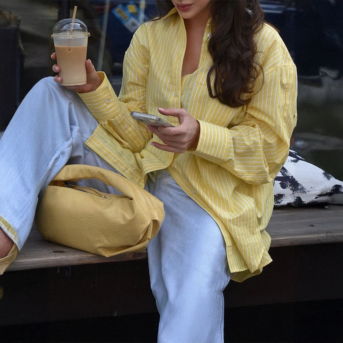 Casual Loose And Simple Style Button Cardigan Striped Contrast Color Top Shirt For Women