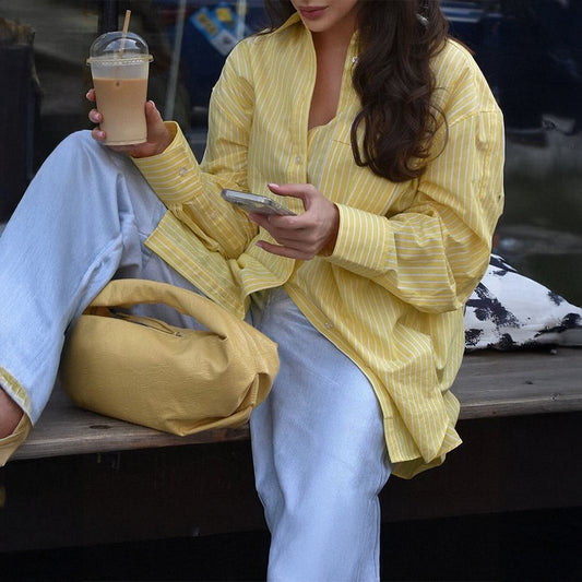 Casual Loose And Simple Style Button Cardigan Striped Contrast Color Top Shirt For Women