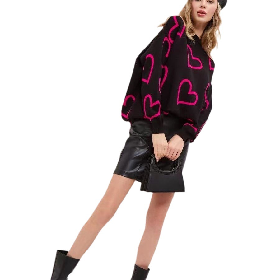 Round Neck Love Contrast Color Loose Pullover Sweater