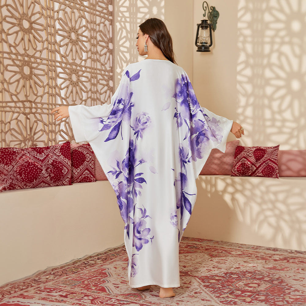 Womens Satin Chiffon SpringSummer Fashionable Printed Pullover Robe Long Nightgown