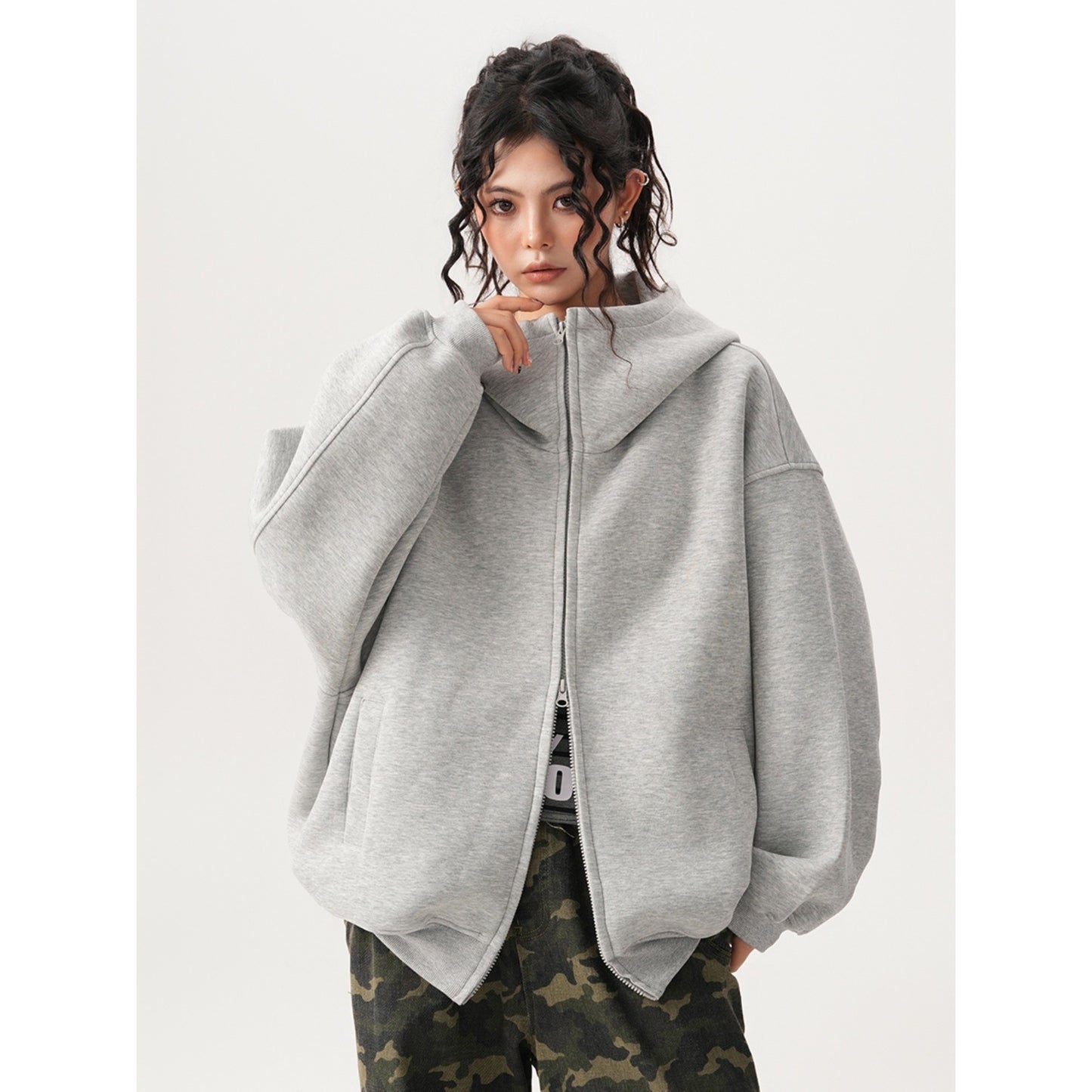 Womens Relaxed-fit American-style Hooded Cardigan With A Stand-up Collar