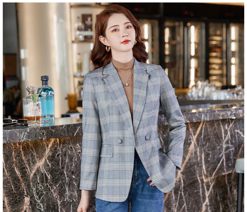 Coffee Plaid Suit Jacket Women Autumn Loose Little Man