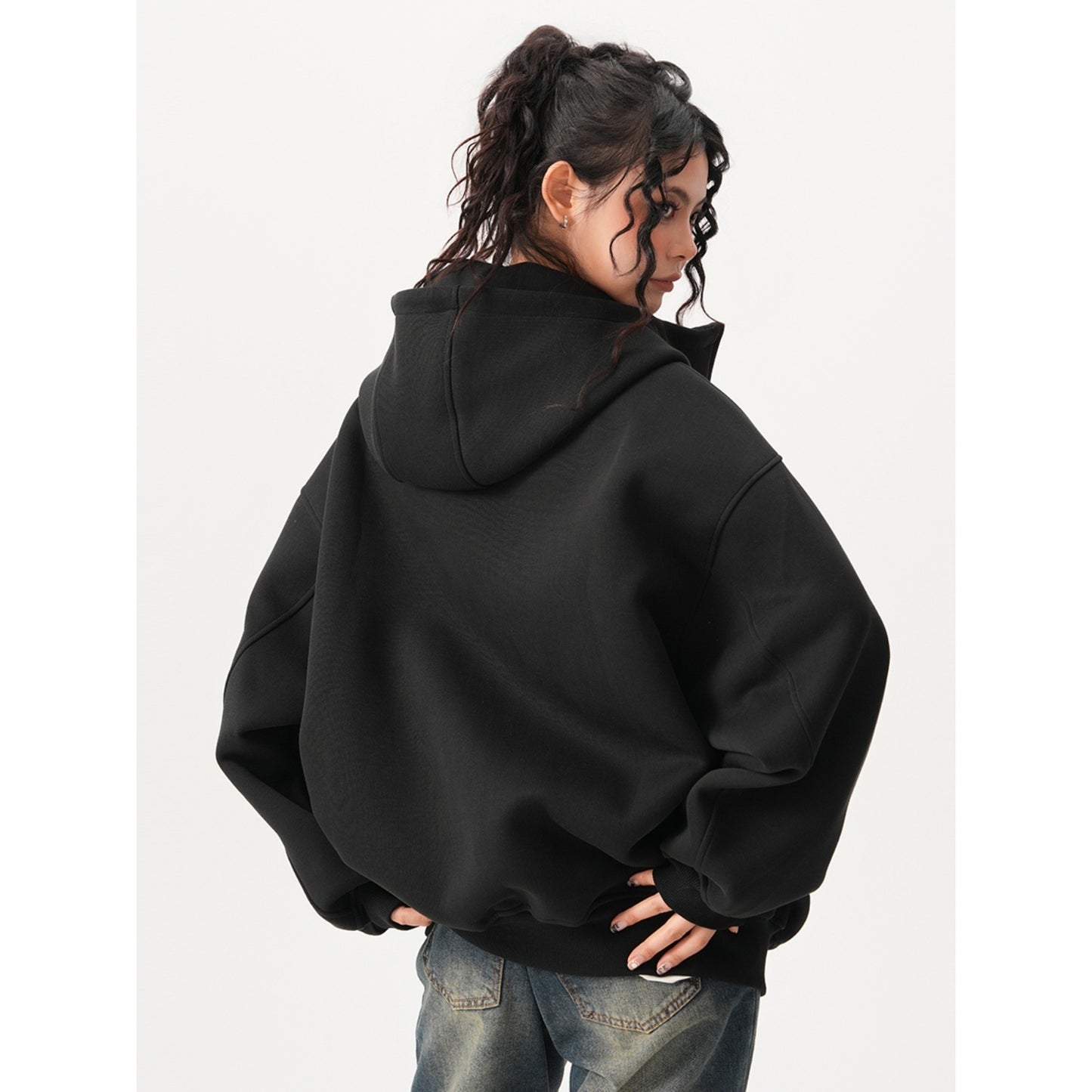 Womens Relaxed-fit American-style Hooded Cardigan With A Stand-up Collar
