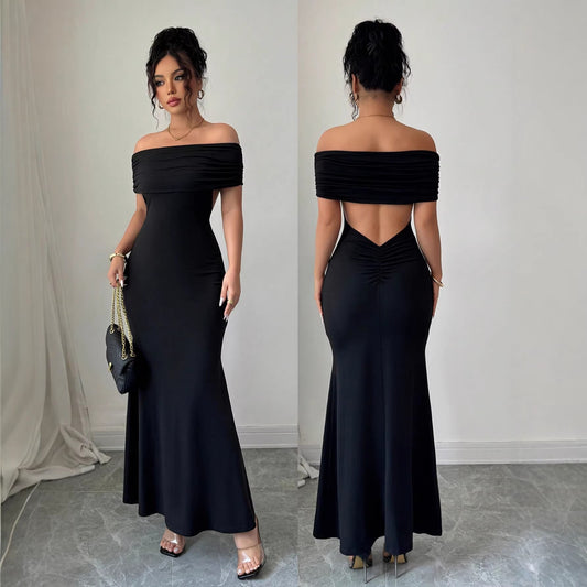 Womens Solid-Color Off-the-Shoulder Bodycon Dress With A Midriff-Baring Design