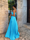 Blue Pleated Halter Maxi Dress