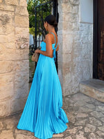 Blue Pleated Halter Maxi Dress