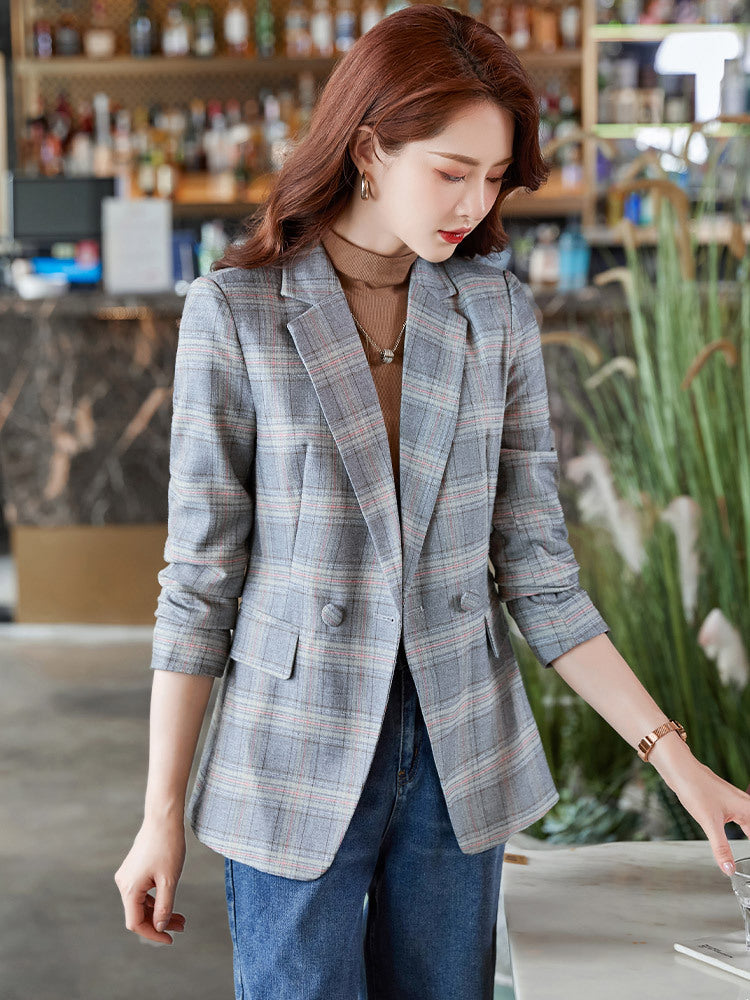 Coffee Plaid Suit Jacket Women Autumn Loose Little Man