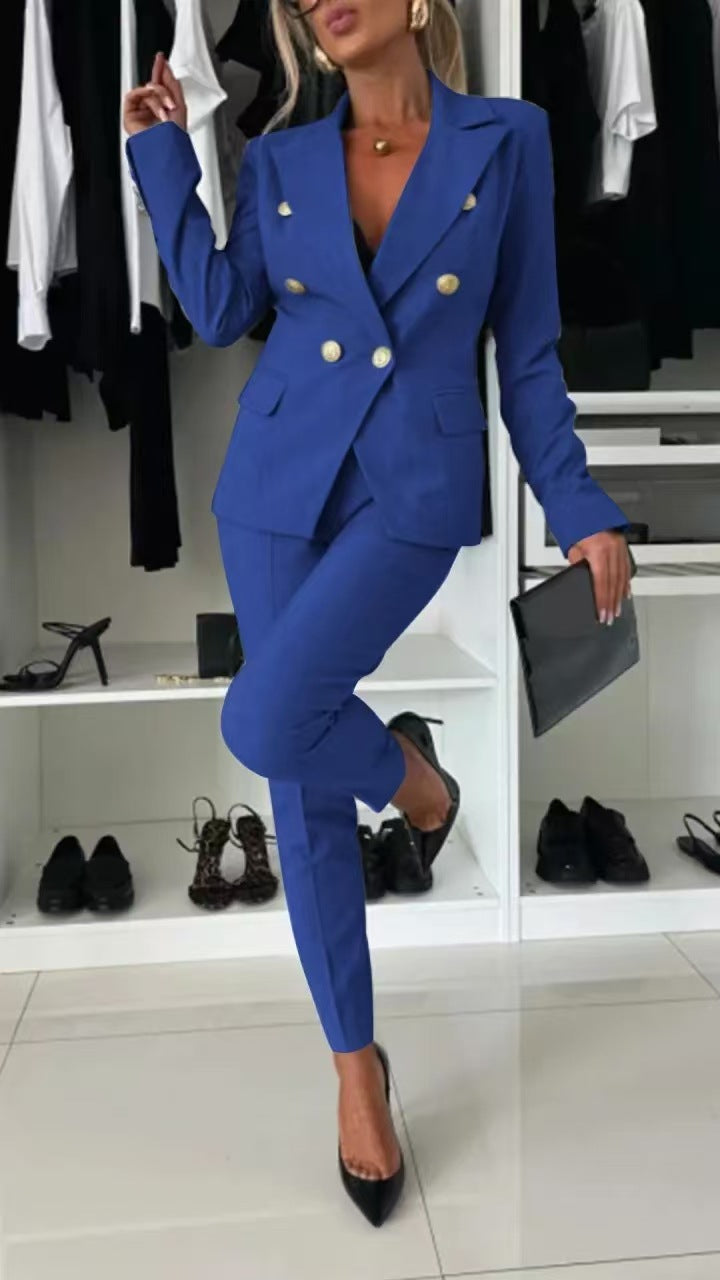 Casual Blazer Suit Slim Lapel Double-breasted Jacket And Zip-up Trousers Women's Clothing