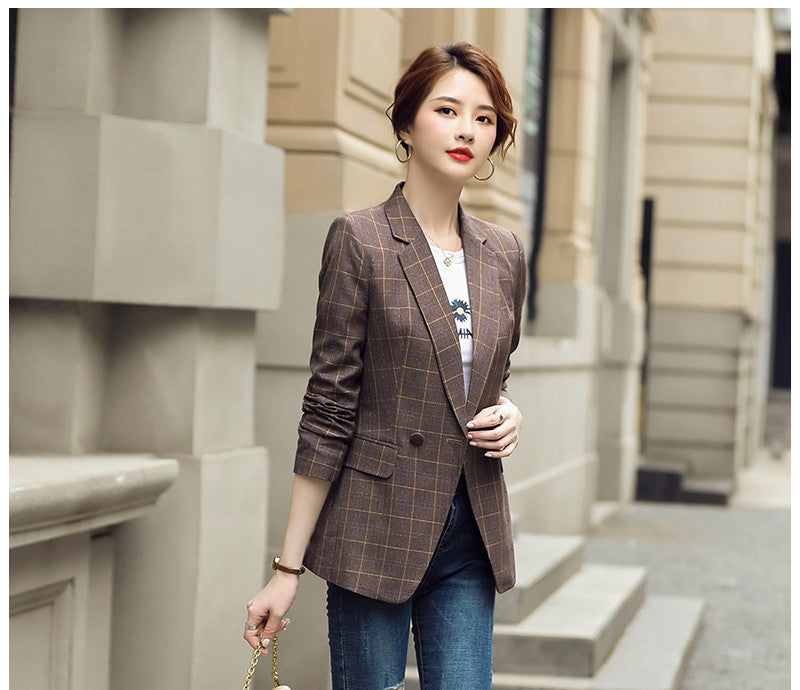 Coffee Plaid Suit Jacket Women Autumn Loose Little Man