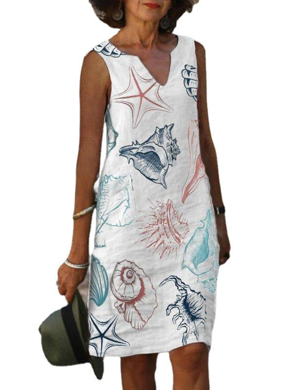 Printed V-neck Sleeveless Mid-length Dress Women