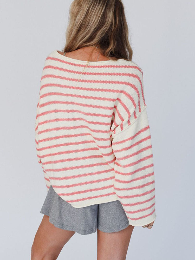 Drop Shoulder Round Neck Striped Sweater European And American Fashionable Warm All-matching