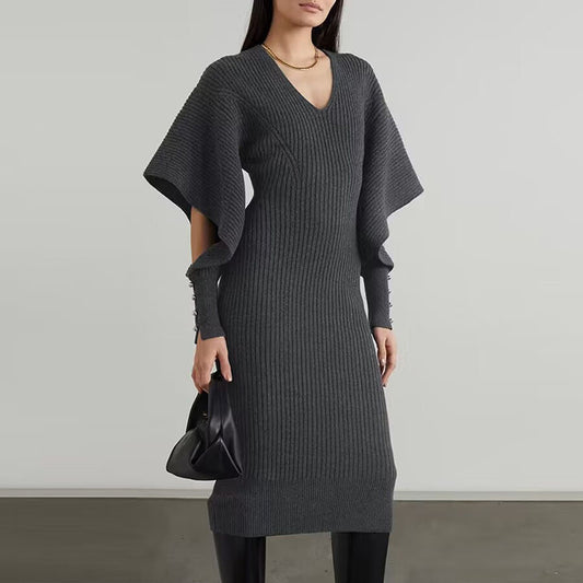 Autumn And Winter Urban Wind Casual Dolman Sleeve Wool Dress