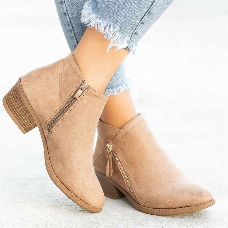 Ankle Boots For Women Low Heels Side Zipper Shoes